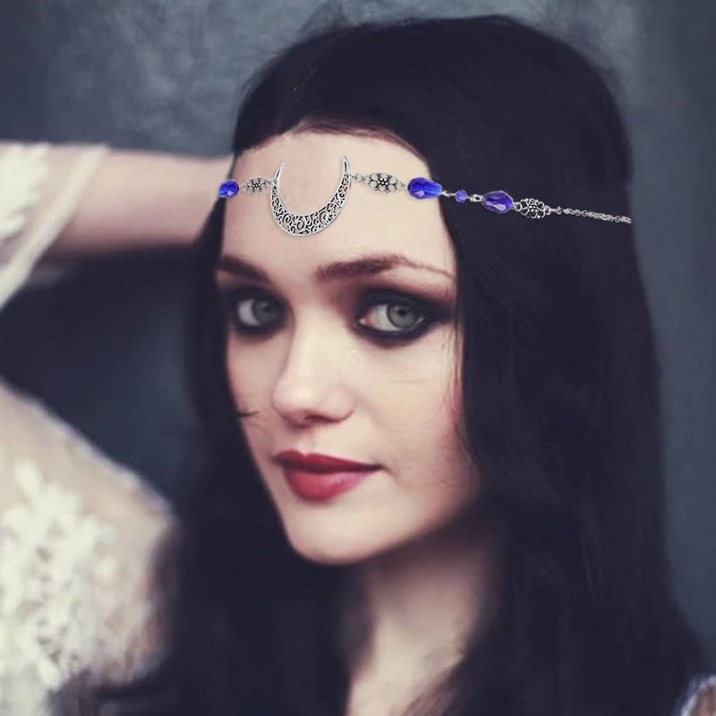 Yalice Boho Crescent Moon Head Chain Vintage Black Crystal Headband Chain Rhinestone Headpieces Witchy Forehead Chain for Women (Silver-Blue, One Size) - Image 2